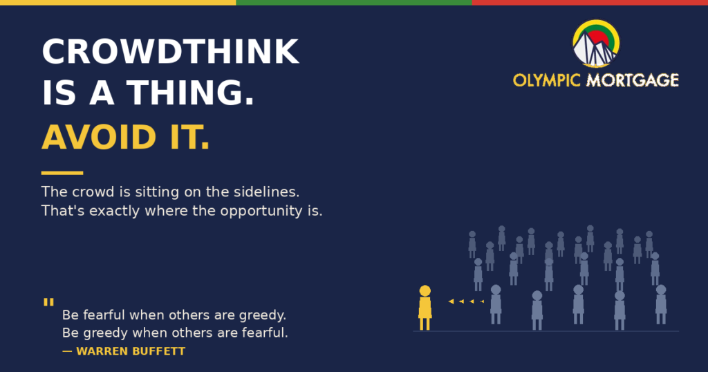 Crowdthink illustration — most buyers sitting on sidelines while one breaks away